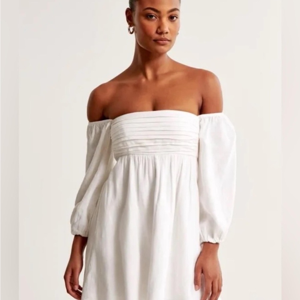 Abercrombie & Fitch Off-Shoulder Emerson Linen Blend Mini White Dress in Tall